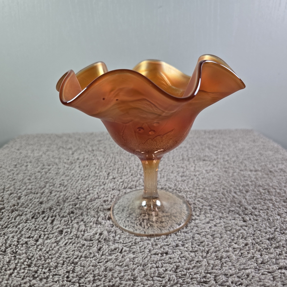 Fenton Marigold Carnival Glass Holly And Berry Pattern Compote.